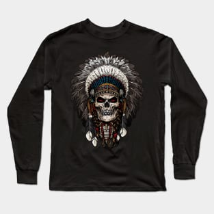 Ancient Indian Chief Skull with feathers Long Sleeve T-Shirt